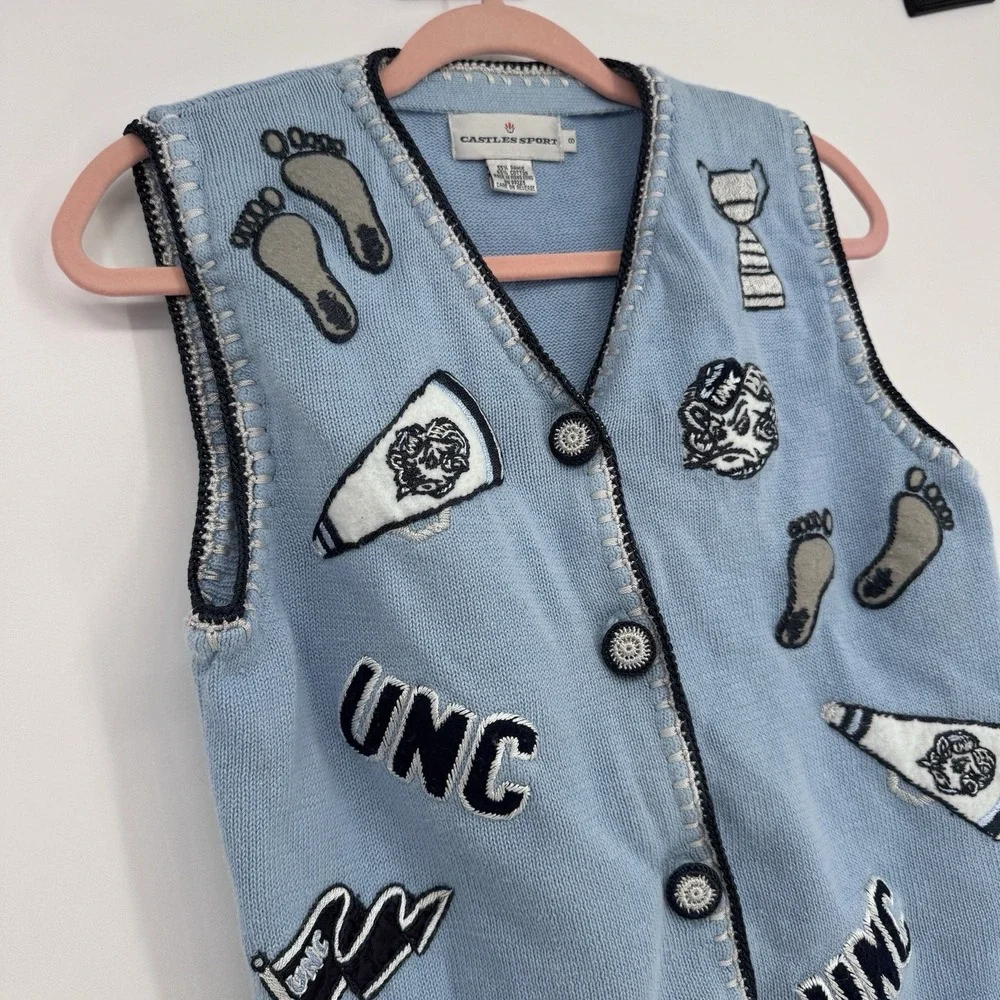 Castles Sport UNC Tar Heels Vintage Sweater Vest Small Blue Embroidered Gameday